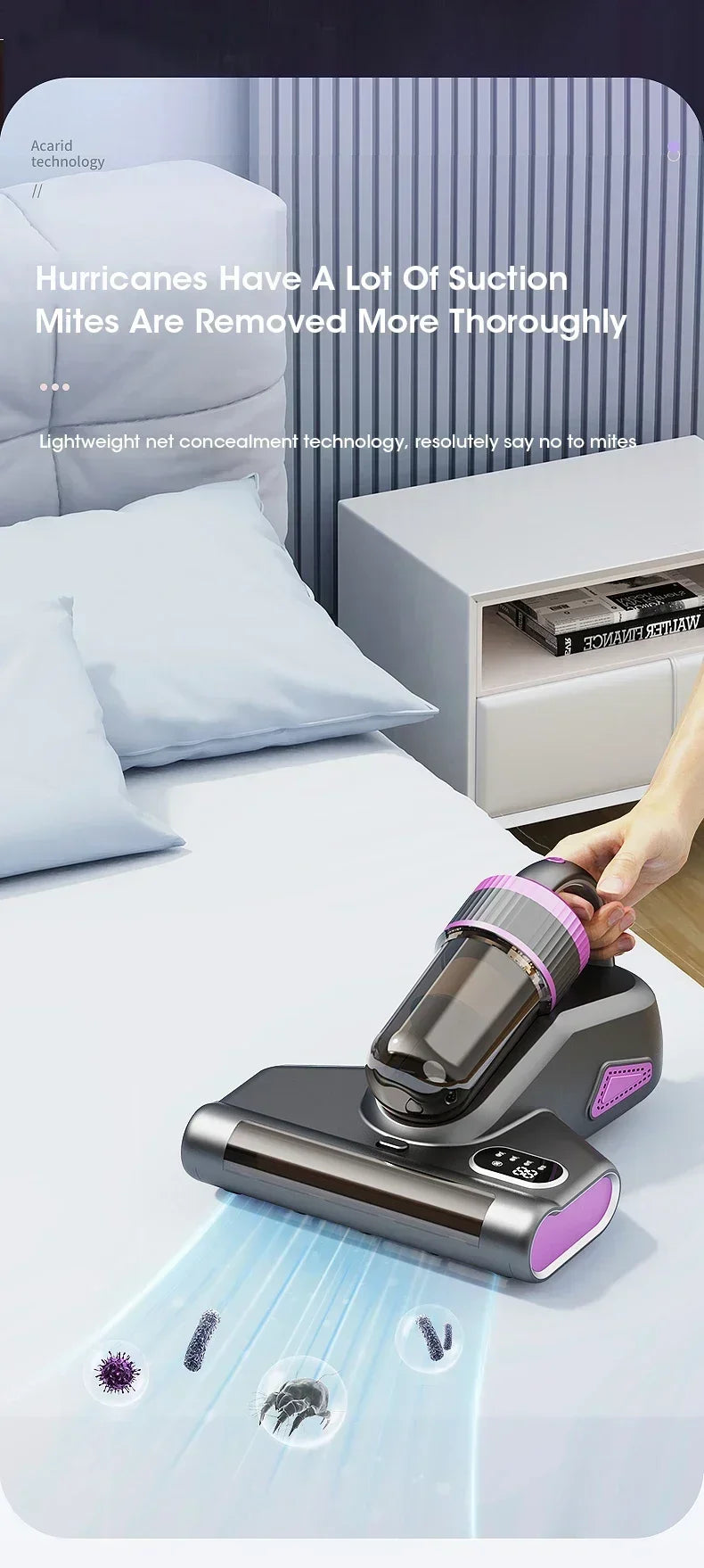Home Wireless Mite Remover Handheld 15kpa High Suction Cleaning Vacuum Cleaner with UV Disinfection Sterilization Mattress Sofa