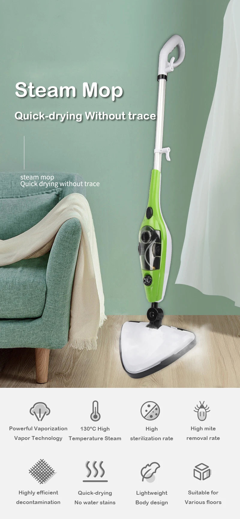 DMWD 1300W Multifunctional Steam mop Quick Drying High temperature sterilization Household mite removal Steam cleaner 110V 220V