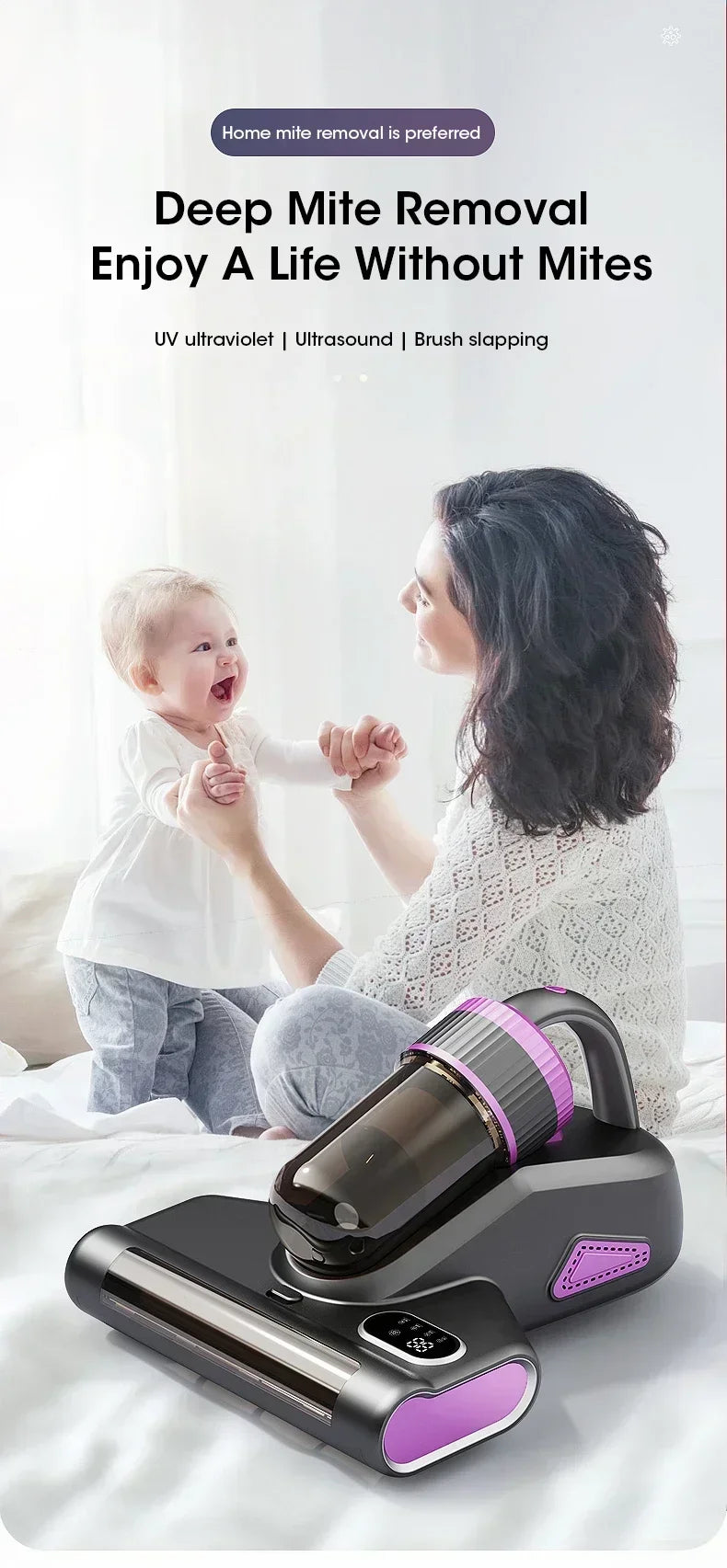 Home Wireless Mite Remover Handheld 15kpa High Suction Cleaning Vacuum Cleaner with UV Disinfection Sterilization Mattress Sofa