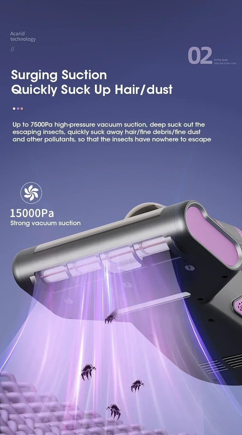 Home Wireless Mite Remover Handheld 15kpa High Suction Cleaning Vacuum Cleaner with UV Disinfection Sterilization Mattress Sofa