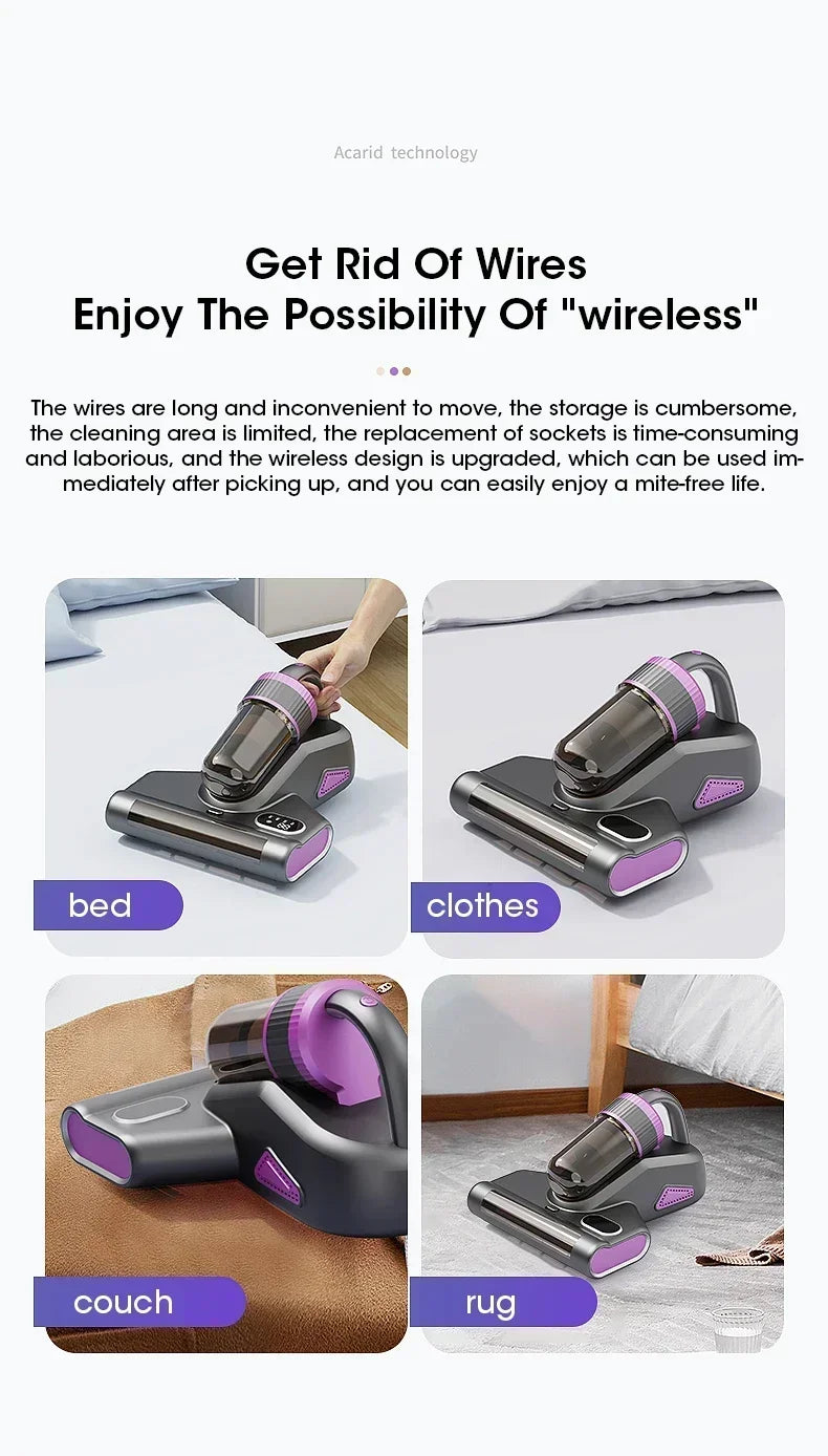 Home Wireless Mite Remover Handheld 15kpa High Suction Cleaning Vacuum Cleaner with UV Disinfection Sterilization Mattress Sofa