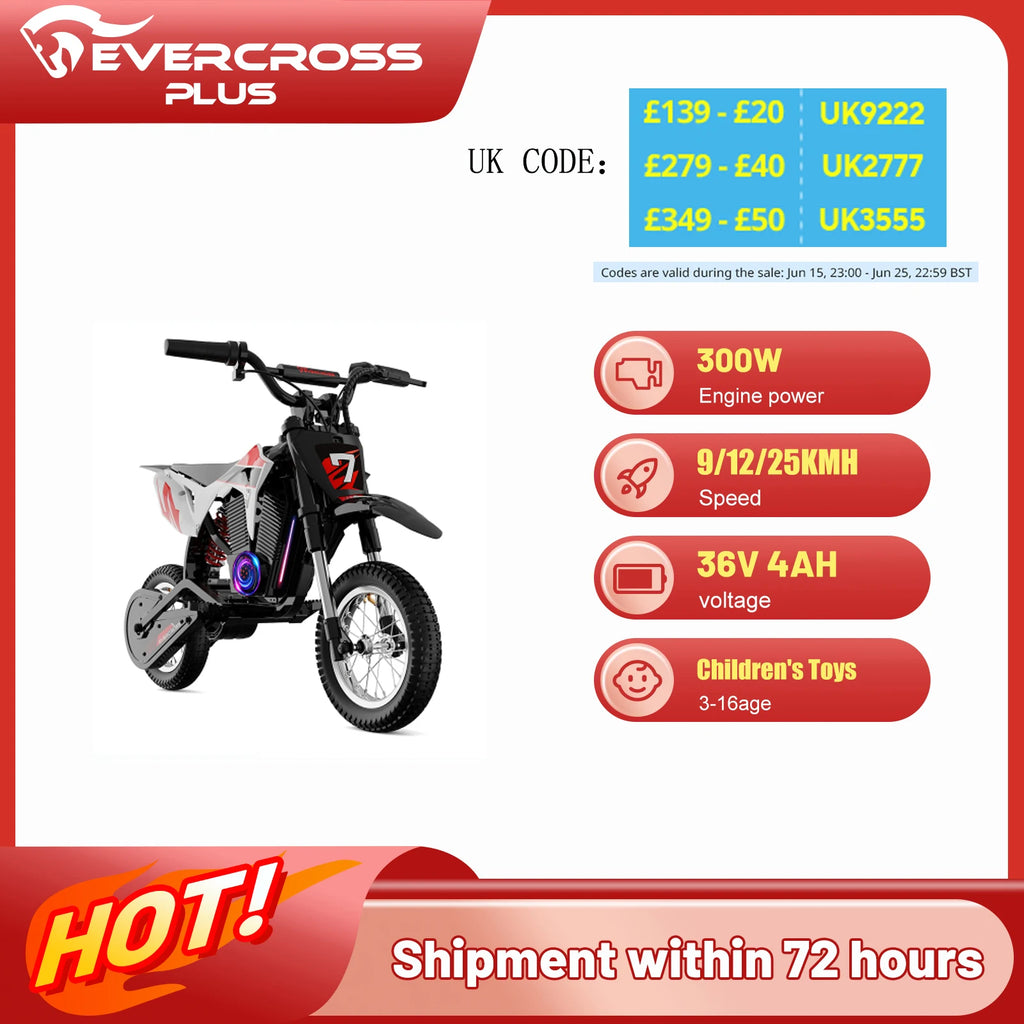 Children's Electric Dirt Bike EVERCROSS PLUS EV12M Pro - 300W, 25 km/h, 15 km Range, Bluetooth & LED, 12'' Tires