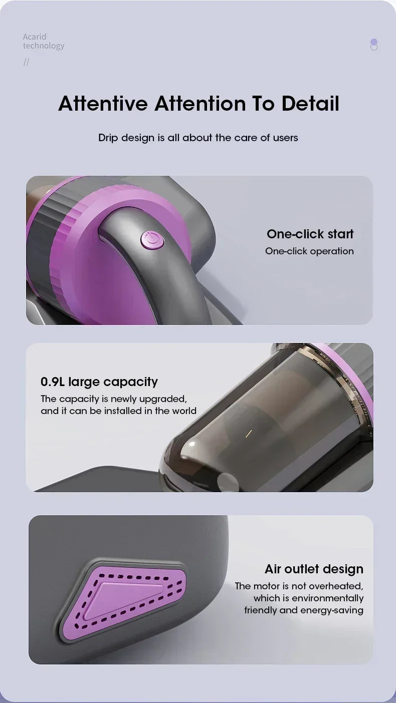 Home Wireless Mite Remover Handheld 15kpa High Suction Cleaning Vacuum Cleaner with UV Disinfection Sterilization Mattress Sofa